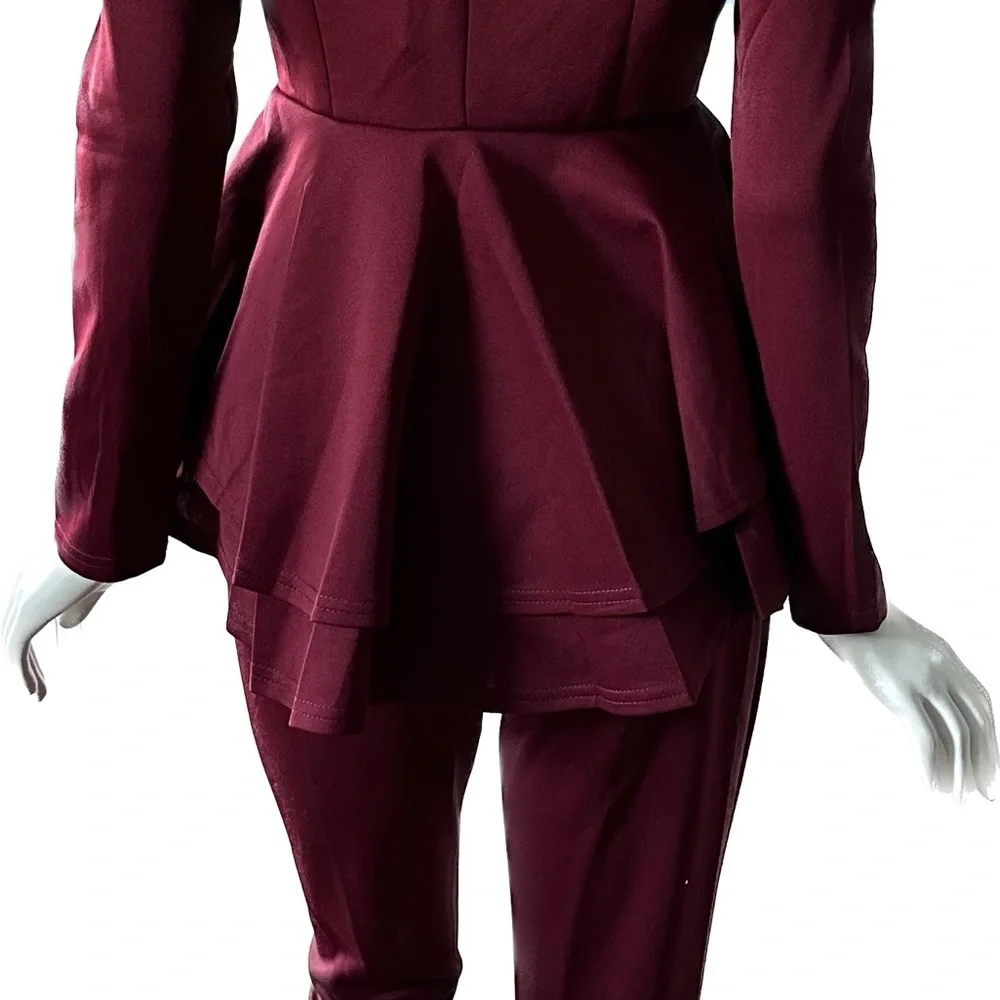 Burgundy Peplum Blazer and Slim Fit Trousers Pant‎ Suit Set 2 Piece Maroon